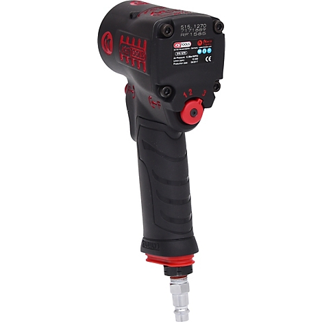 Schwarzer Druckluftschrauber mit roter Schrift, einem roten Knopf und silberfarbenem Anschluss.